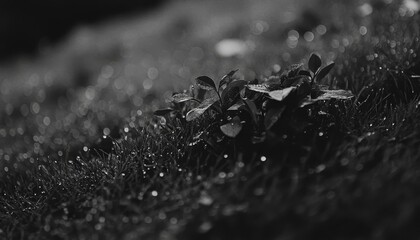 Wall Mural - Dew Covered Grass, Monochromatic Close Up Textured Ground, Soft Focus, Tranquil Nature Scene