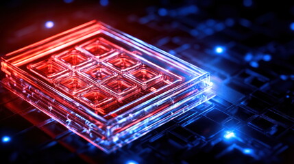 Poster - Futuristic Red Blue Glass Technology Microchip Closeup