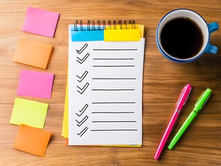 Poster - A top-down view of a checklist on a desk, surrounded by colorful sticky notes and a cup of coffee. Perfect for productivity and organization themes.