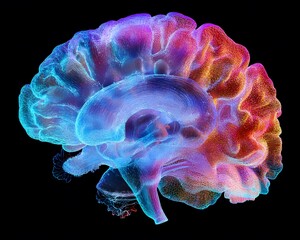 Poster - A vibrant and colorful digital representation of a human brain, showcasing intricate neural patterns and structures in an artistic style.