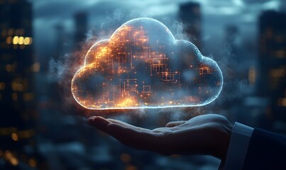 Poster - A semi-transparent cloud hologram held by a businessman