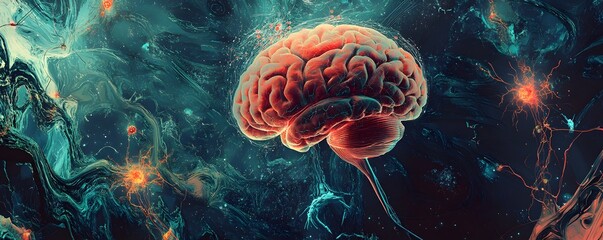 Poster - Abstract illustration of a human brain surrounded by vibrant colors and neural connections represents cognitive function and creativity.