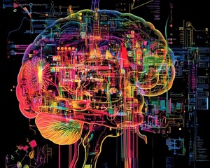 Poster - An abstract representation of the brain, showcasing vibrant colors and intricate patterns symbolizing technology and cognitive processes.