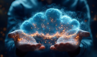 Poster - A semi-transparent cloud hologram held by a businessman