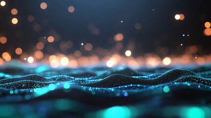 Wall Mural - Abstract teal wave particles with bokeh lights.