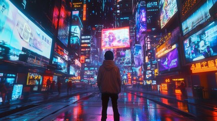 A person navigating a futuristic digital city, interacting with holographic advertisements and digital citizens