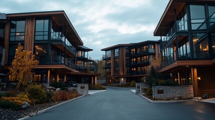 Wall Mural - Photograph of a compact rustic wooden resort standing in contrast to the modern glass buildings around it providing ample copy space for travel hospitality and lifestyle branding and marketing