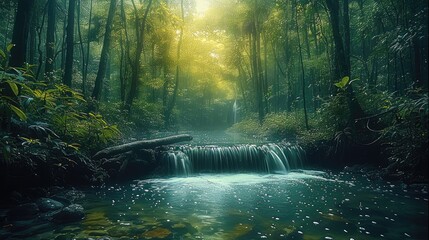Poster - A magical fairy tale dense green forest, beautiful romantic, remote, tall trees and a thin creek, with a small waterfall, fallen tree log laying across the creek.