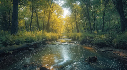 Poster - A magical fairy tale dense green forest, beautiful romantic, remote, tall trees and a thin creek, with a small waterfall, fallen tree log laying across the creek.