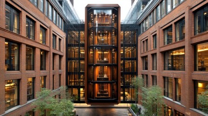 Aufkleber - Modern Brick Building Atrium Glass Elevators Courtyard Architecture
