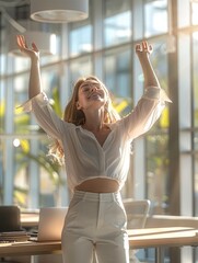 Wall Mural - A woman in a modern office, raising her arms in the air and smiling broadly, expressing joy and satisfaction for working efficiently, in modern office.