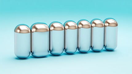 Poster - Shiny Chrome Capsules Row Abstract 3D Render Blue Background