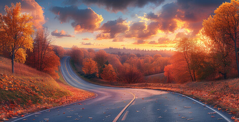 Wall Mural - an Autumn landscape with a curving back country road. Trees both sides of the road, sunset sky in background. full colored leaves at their peak of the fall season.