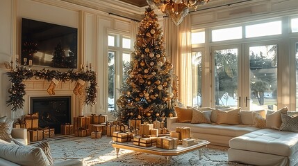 Aufkleber - Living room with beautiful Christmas tree, Christmas presents under tree.