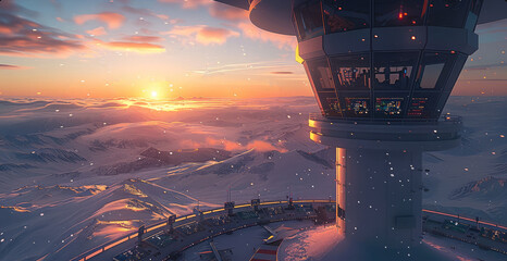 Aufkleber - a futuristic air traffic control tower with lots of planes in the air and a beautiful sunrise over s