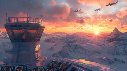 Aufkleber - a futuristic air traffic control tower with lots of planes in the air and a beautiful sunrise over s