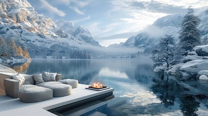 Poster - A cozy winter scene with snow-capped mountains, a lake with large ripples reflecting the sky, and an outdoor terrace overlooking it all. The terrain is covered in white.
