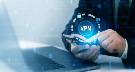 Poster - VPN secure connection technology. Remote server and private internet network to protect privacy personal data.


