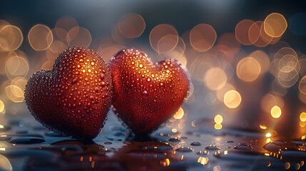 Poster - Two glistening red hearts covered in dew drops placed closely together on a wet surface, surrounded by warm bokeh lights in the background. The glowing golden hues create a romantic and ambiance.