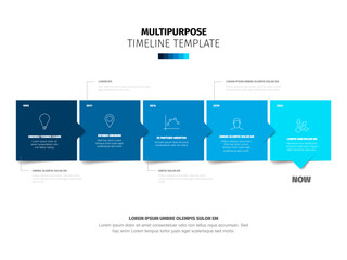 Poster - Multipurpose square blue blocks time line template with sample text content and icons on white background. Simple infochart for company history visualization