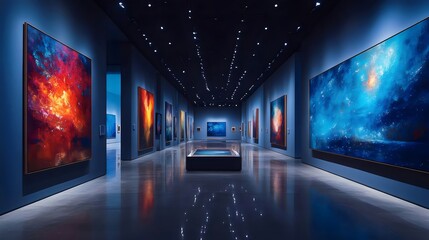 Wall Mural - a museum with a blue background and a row of paintings on the wall