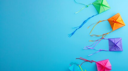 Canvas Print - colorful paper kites with string on a blue background.