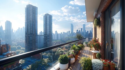 Poster - A stunning cityscape view from a cozy apartment balcony, day time, featuring skyscrapers.