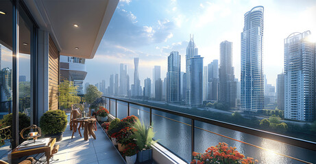 Poster - A stunning cityscape view from a cozy apartment balcony, day time, featuring skyscrapers.