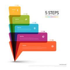 Poster - Multipurpose infographic template with five rainbow colors semi transparent speech bubbles block steps with description and icons. Layout template for step progress infochart