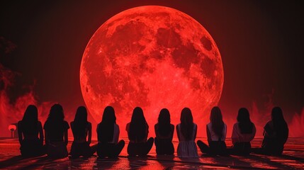 Wall Mural - a group of beautiful female models watching a majestic red plain circle. background pitch black.
