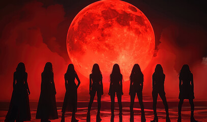 Wall Mural - a group of beautiful female models watching a majestic red plain circle. background pitch black.