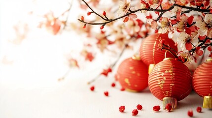 Poster - Vibrant Red and Gold Decorative Chinese Lanterns Hanging in a Festive Arrangement along a Street Set on an Isolated White Background with Clean and Spacious Copy Space