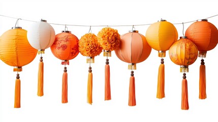 Poster - Elegant Chinese New Year Lanterns with Vibrant Red Tassels Suspended in a Neat Row on an Isolated White Background with Ample Copy Space