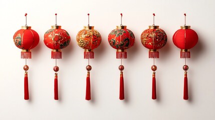 Poster - Elegant Glowing Chinese New Year Lanterns with Tassels Suspended in Neat Row on Isolated White Background with Ample Copy Space
