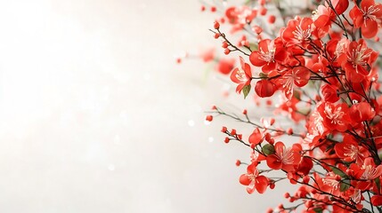 Poster - Photograph of traditional red Chinese lanterns arranged in a cascading design hanging in front of a doorway isolated on a white background with ample copy space for text or graphic overlay