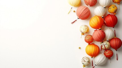Poster - Vibrant red Chinese lanterns hanging in a crisscross pattern above a festive walkway set against an isolated white background with ample copy space