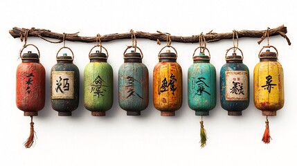 Poster - Beautifully Crafted Traditional Chinese Lanterns Adorned with Intricate Calligraphy Hanging in a Decorative Line and Displayed on an Isolated White Background with Generous Copy Space