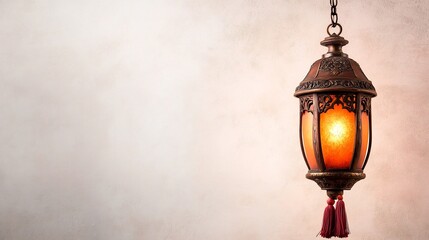Poster - Ornate Red Lantern With Tassels Glowing Warmly and Suspended Against Isolated White Background With Ample Copy Space