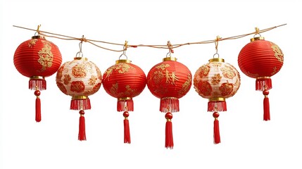 Poster - Symmetrically hanging red and gold Chinese lanterns in a festive arrangement on an isolated white background with clean and open copy space