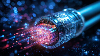 Poster - Ai generates closeup of fiber optic cable emitting multicolored light technology lab image dynamic setting macro viewpoint