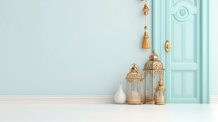 Poster - Elegant and decorative lanterns adorned with beautiful golden tassels and intricate patterns hanging gracefully in front of a home entrance