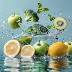 Canvas Print - Clear and transparent water splashing in the bottom empty space, water surface floating green coconut, apple, broccoli, lemon and other fruits, simple background, light blue tone.