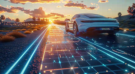 Poster - Car drive on photovoltaic panels, holographic high-tech interface charts appear on the driving direction, a sense of science and technology.