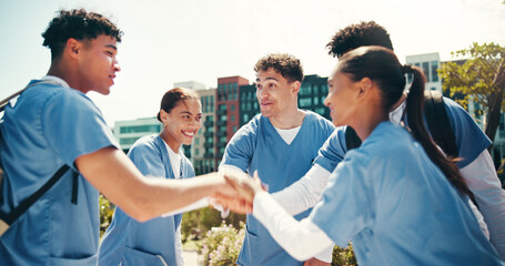 Poster - Medical success, students and support with hands together outdoor for training program feedback or board exam results. Diversity, people and excited in circle for healthcare practice and celebration