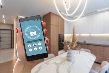 Poster - Mobile phone with app smarthome intelligent house automation remote control technology concept