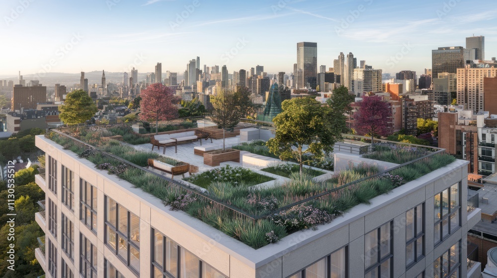 Image showcasing Lush green modern apartment building with abundant plant life on ...