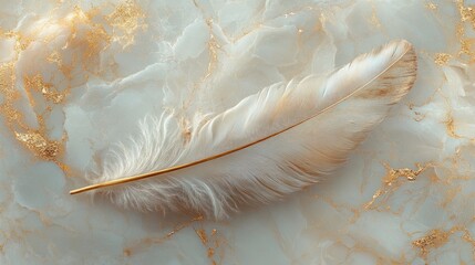Poster - A delicate white feather lies gently on a marble surface adorned with shimmering gold tones. The soft lighting emphasizes the elegant textures and creates a tranquil ambiance