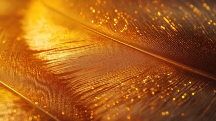 Poster - A close-up view of a feather glistening in metallic gold shades, revealing delicate details and textures. The light captures the elegance of the natural form, evoking a sense of luxury