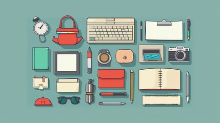 Poster - A flat lay illustration of various office supplies, including a keyboard, notebooks, a camera, pens, pencils, a backpack, and a watch.