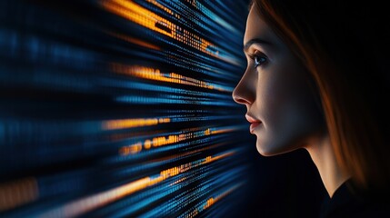 Poster - A technological woman stands in a futuristic setting, her profile illuminated by vibrant digital data streams. The atmosphere is dynamic, filled with glowing information